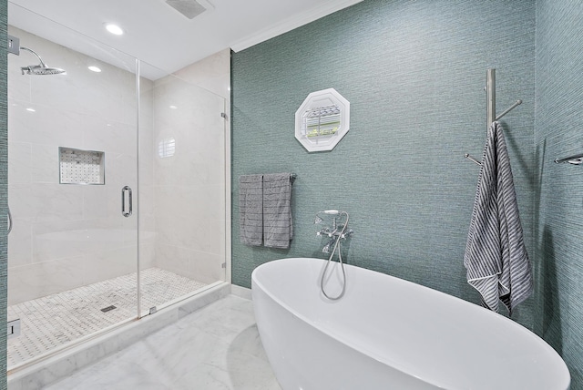 bathroom with shower with separate bathtub