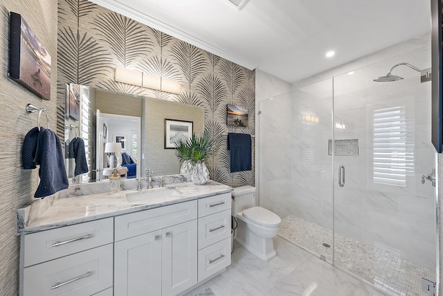 bathroom featuring crown molding, an enclosed shower, vanity, and toilet