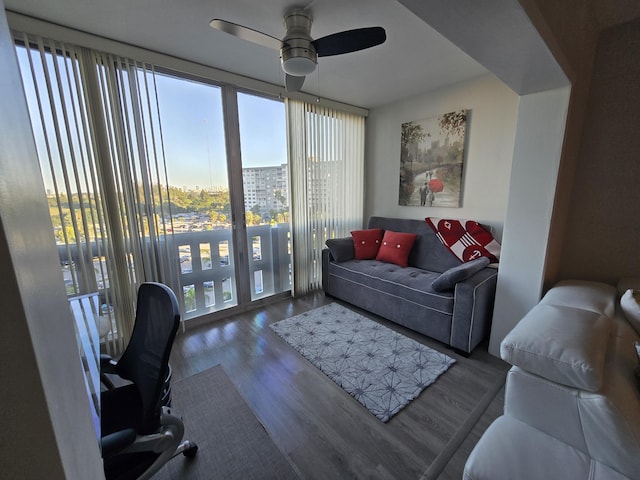 4001 Hillcrest Dr Unit 715, Hollywood, FL 33021 - living area featuring a ceiling fan, wood finished floors, and a view of city