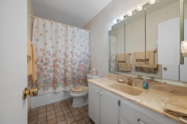 full bathroom with shower / bath combo, tile walls, vanity, and toilet