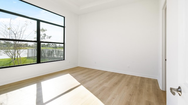 empty room with a water view and light hardwood / wood-style floors