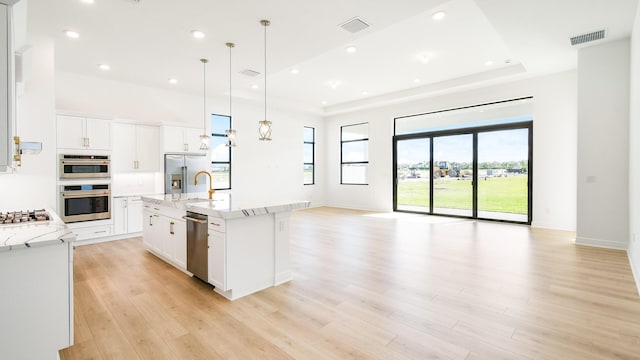 kitchen with a raised ceiling, a spacious island, decorative light fixtures, white cabinetry, and stainless steel appliances