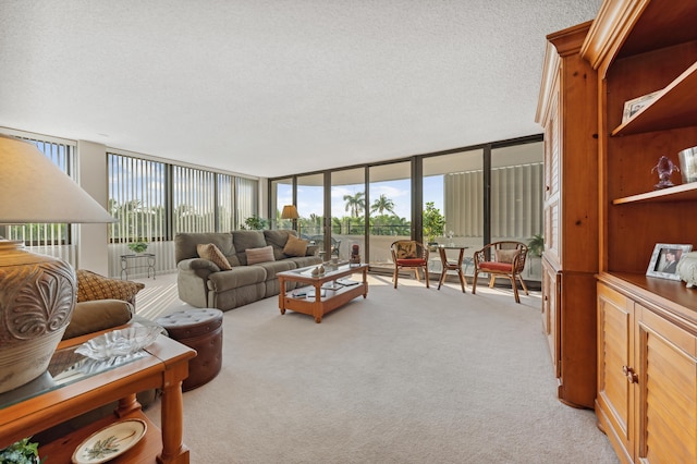 living room featuring light carpet, a textured ceiling, and a wealth of natural light