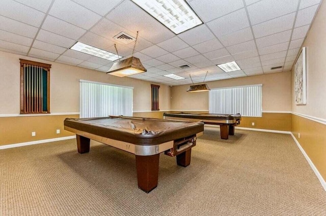 game room featuring a drop ceiling, billiards, and carpet flooring