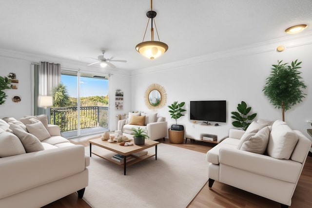 living room featuring hardwood / wood-style floors, ceiling fan, and crown molding