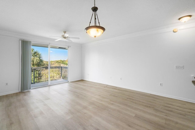 spare room featuring ceiling fan, light wood-type flooring, ornamental molding, and a textured ceiling