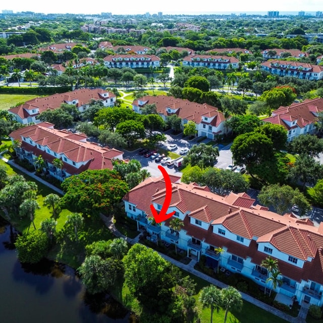 aerial view featuring a water view