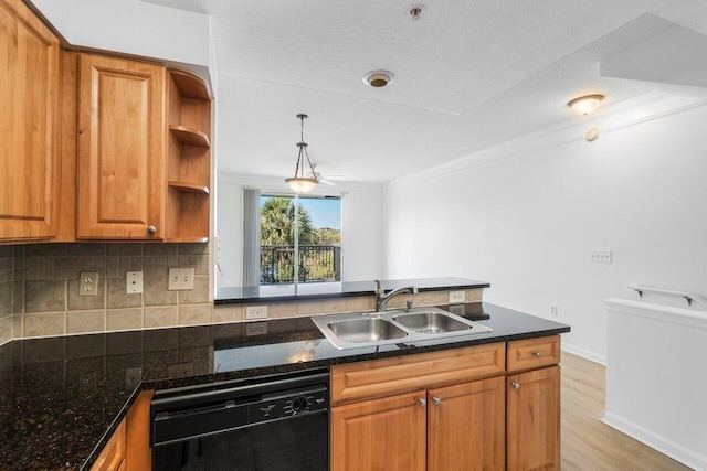 kitchen with dishwasher, sink, tasteful backsplash, light wood-type flooring, and ornamental molding