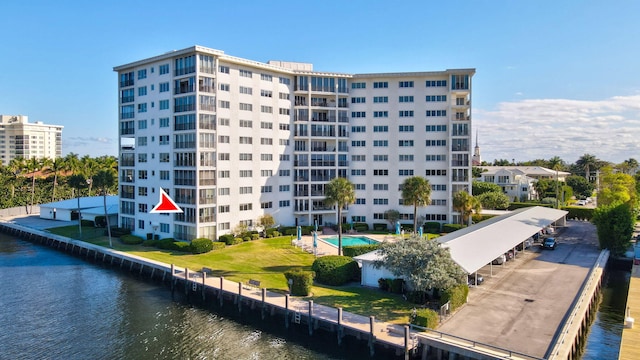 view of building exterior with a water view