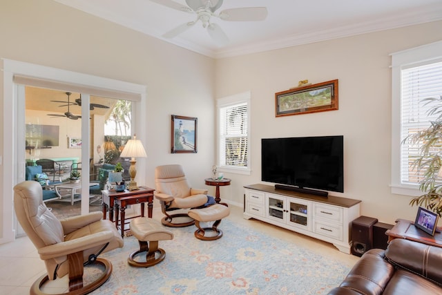 tiled living room featuring plenty of natural light and ornamental molding