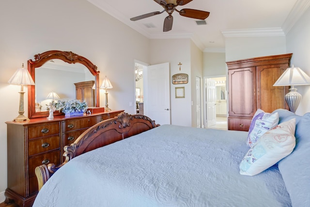 bedroom with connected bathroom, ceiling fan, and crown molding