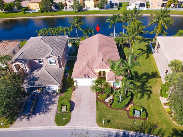 aerial view featuring a water view