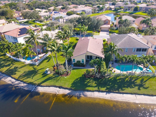 bird's eye view with a water view