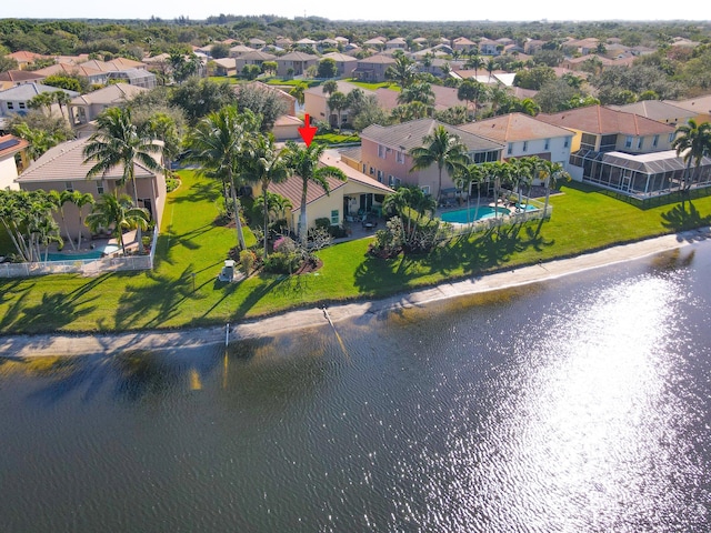 drone / aerial view featuring a water view