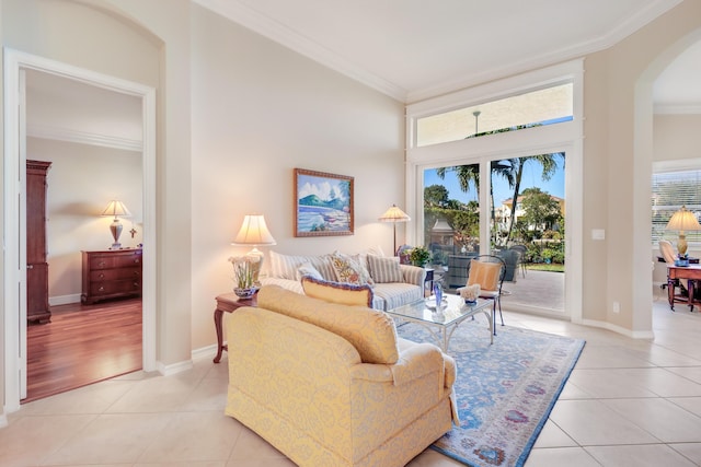 tiled living room with ornamental molding