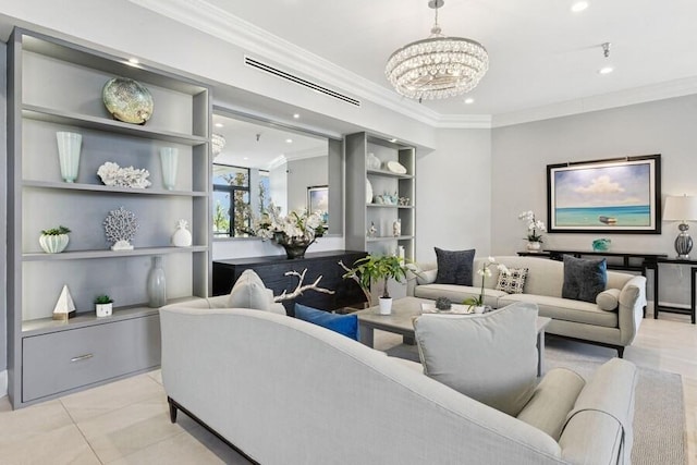 living area with built in shelves, light tile patterned flooring, a notable chandelier, visible vents, and crown molding