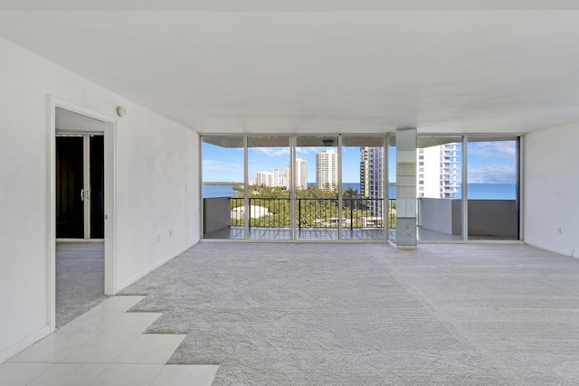 carpeted empty room with a wall of windows and a city view