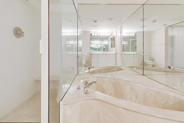 bathroom featuring vanity, a shower stall, toilet, and a bath