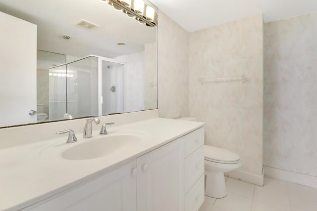 bathroom with tile patterned flooring, toilet, visible vents, vanity, and a shower stall