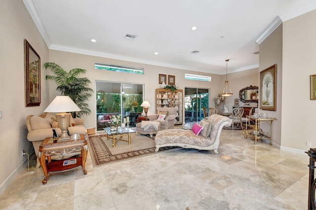 living room with a wealth of natural light and ornamental molding