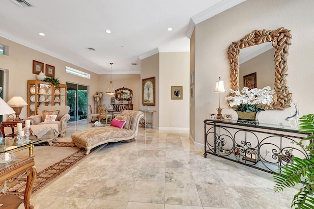 bedroom with access to outside and ornamental molding