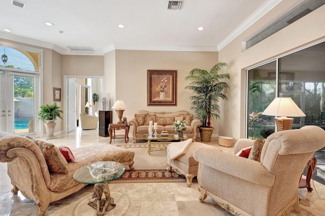 living room with french doors and ornamental molding