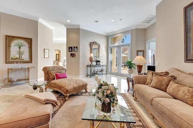 living room with french doors and ornamental molding