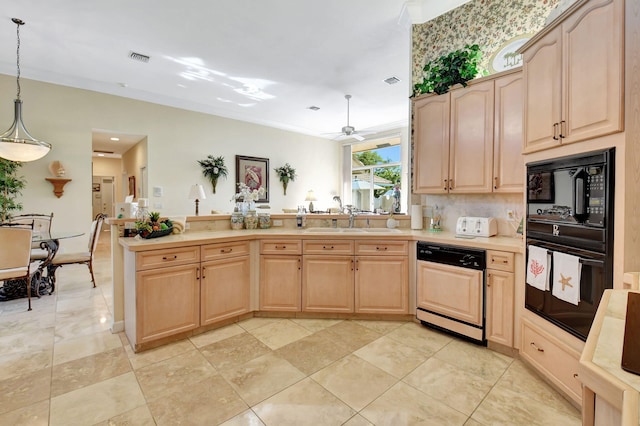 kitchen featuring ceiling fan, light brown cabinets, sink, pendant lighting, and black appliances