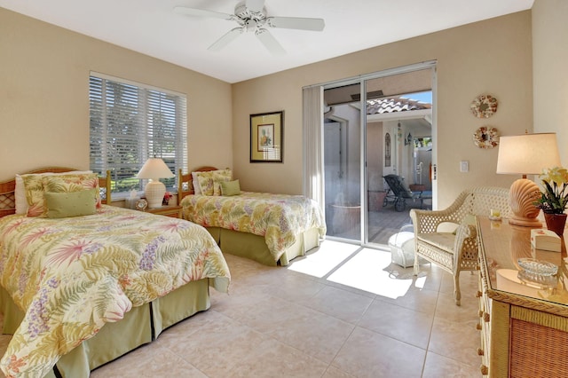 bedroom with ceiling fan, access to exterior, and light tile patterned floors