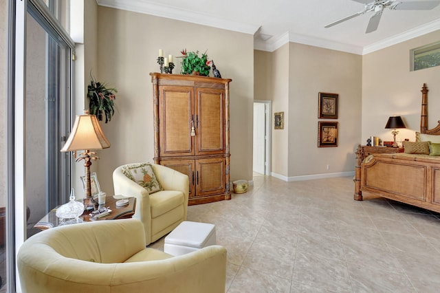 bedroom with ceiling fan, light tile patterned flooring, and ornamental molding