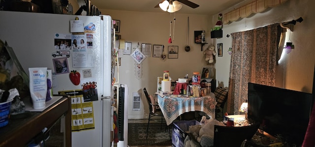 kitchen featuring white refrigerator and ceiling fan