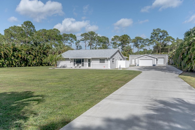 single story home featuring a front lawn, a porch, and a garage