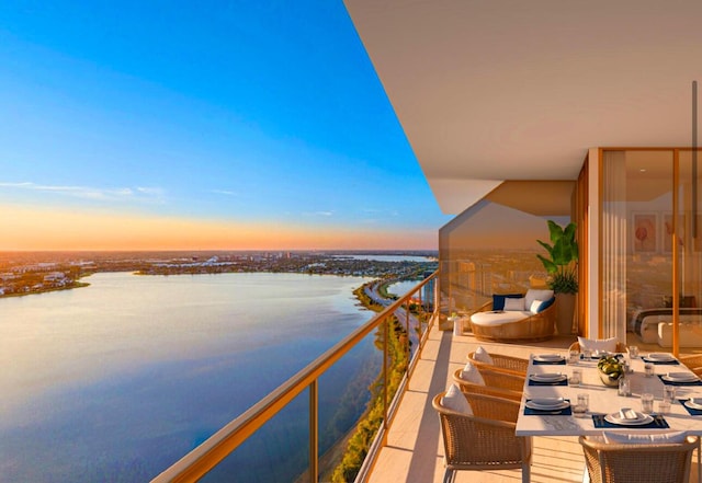 balcony at dusk with a water view