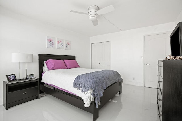 bedroom with ceiling fan and a closet