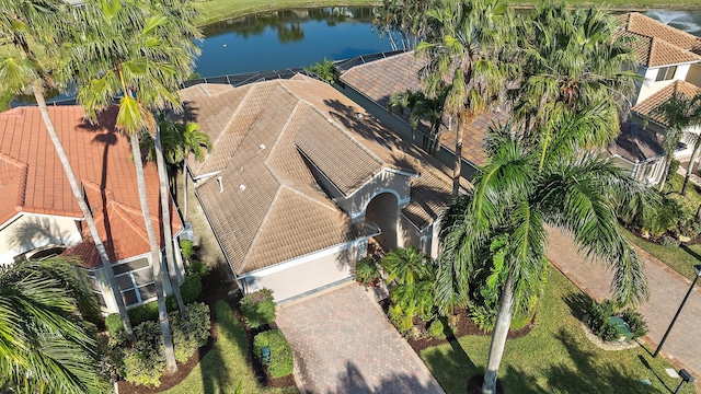 drone / aerial view featuring a water view