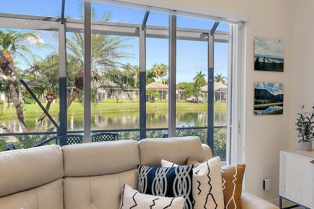 sunroom with a water view