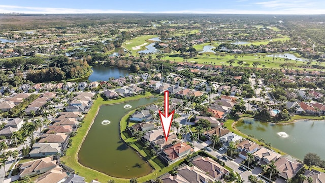 drone / aerial view featuring a water view