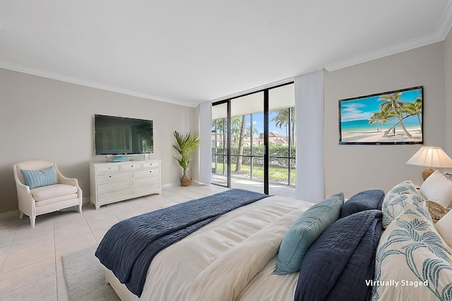 bedroom with light tile patterned floors, access to outside, ornamental molding, and baseboards