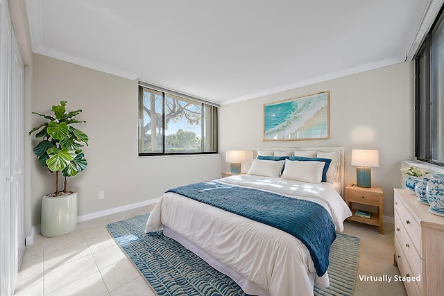 bedroom featuring light tile patterned floors, baseboards, and ornamental molding