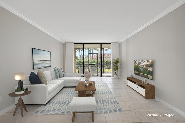 tiled living room with expansive windows and ornamental molding