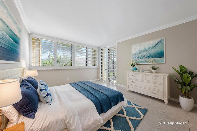 bedroom featuring crown molding, baseboards, and light tile patterned floors