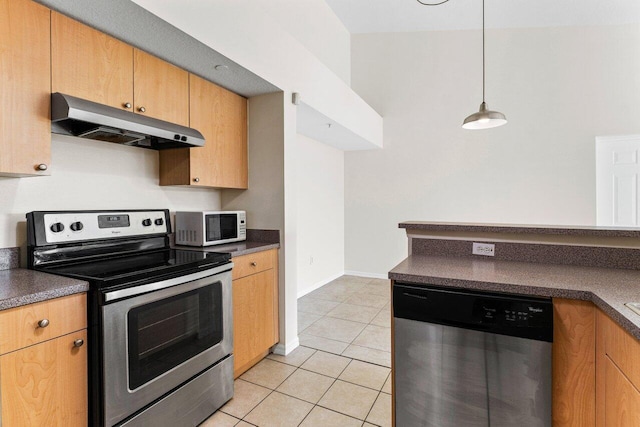 kitchen featuring stainless steel appliances, ventilation hood, hanging light fixtures, and light tile patterned floors