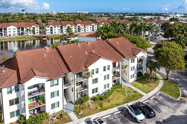 bird's eye view with a water view