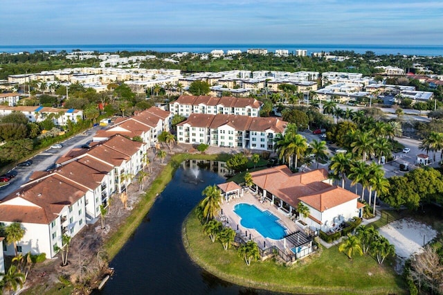 drone / aerial view featuring a water view