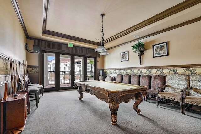 playroom with french doors, crown molding, pool table, a tray ceiling, and light colored carpet