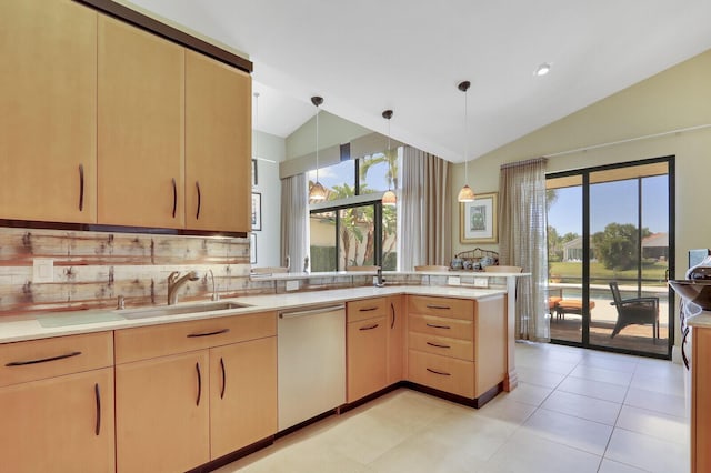 kitchen with decorative backsplash, light brown cabinetry, dishwasher, hanging light fixtures, and lofted ceiling