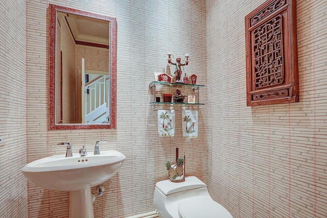 bathroom with toilet and crown molding