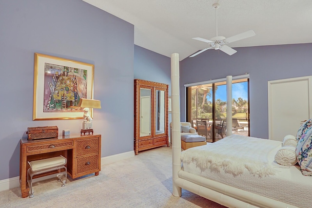 carpeted bedroom with access to outside, ceiling fan, and lofted ceiling