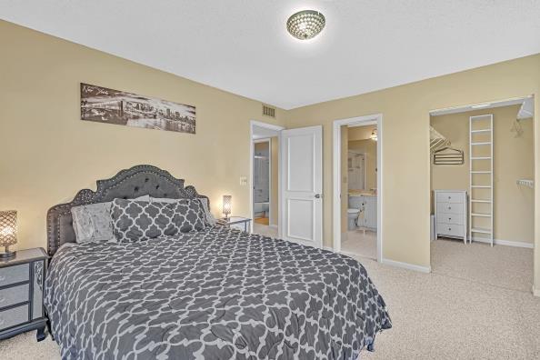 bedroom with carpet, ensuite bathroom, and a spacious closet