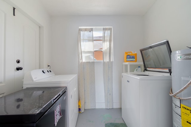 laundry room with water heater and washer and clothes dryer